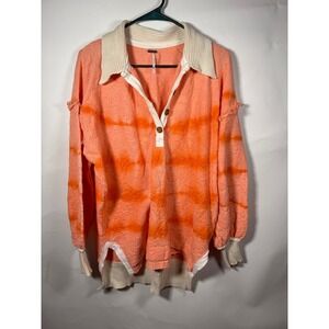 Free People Coral Orange Tie Dye Textured Knit Polo Collared Sweater Size S